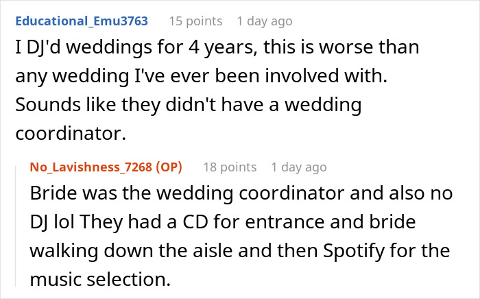 Chaotic wedding described in a discussion, comparing it to a Sims game with no coordinator and DIY music setup.