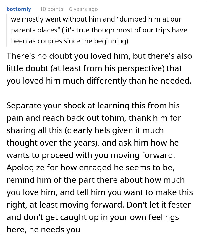 Screenshot of a comment discussing parents wondering if they messed up their son after years of neglect and conflict.