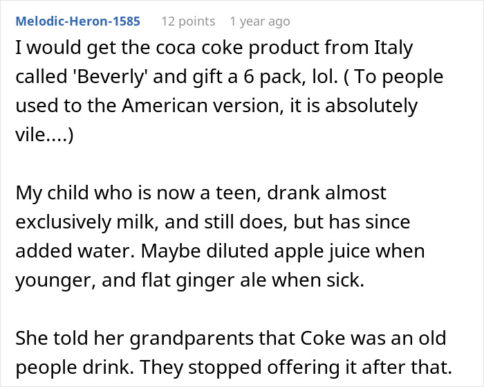 Comment about boomer relatives undermining kids' healthy habits by offering candies and soda, causing frustration.