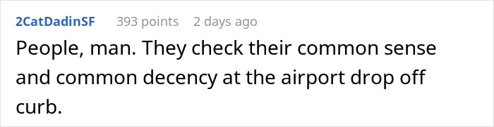 Comment highlighting common sense and decency at airport drop-off, related to obnoxious guy slapping napping passenger&rsquo;s head.