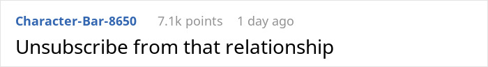 Text post on a social platform with a comment stating unsubscribe from that relationship, relating to a man disappearing and dog allergy issue.