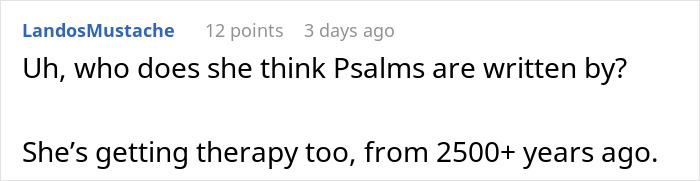 Comment discussing a Christian woman who doubts therapy, unaware her niece uses it as a helpful resource.