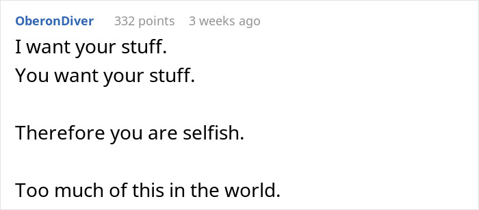 Comment reading I want your stuff and you want your stuff, highlighting selfishness and wedding dress sisters drama.