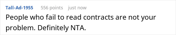 Screenshot of a forum comment saying people who fail to read contracts are not the problem, related to woman&rsquo;s roommates and sisters.