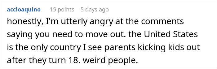 Commenter expressing anger about parents kicking out kids after 18, discussing family conflict involving a 22YO and dad&rsquo;s girlfriend.