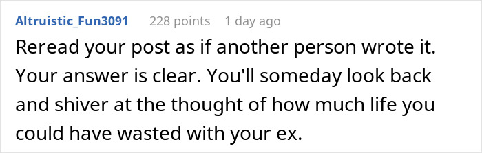 Comment text on a white background about rereading a post and reflecting on wasted life with an ex; woman move Alaska alone theme.