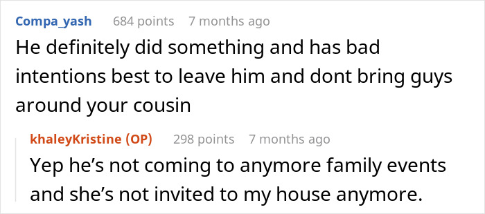 Screenshot of online discussion about a fiancé and cousin caught in bathroom during party, with debate on intentions and trust. Screenshot of online discussion about a fiancé and cousin caught in bathroom during party, with debate on intentions and trust.