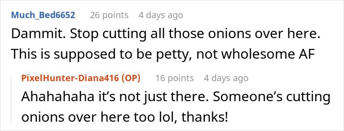 Screenshot of a Reddit conversation with users discussing onions and a mix of petty and wholesome comments.