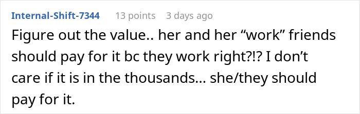 Screenshot of a forum comment discussing the value and accountability for irreplaceable champagne consumed by sister&rsquo;s friends.