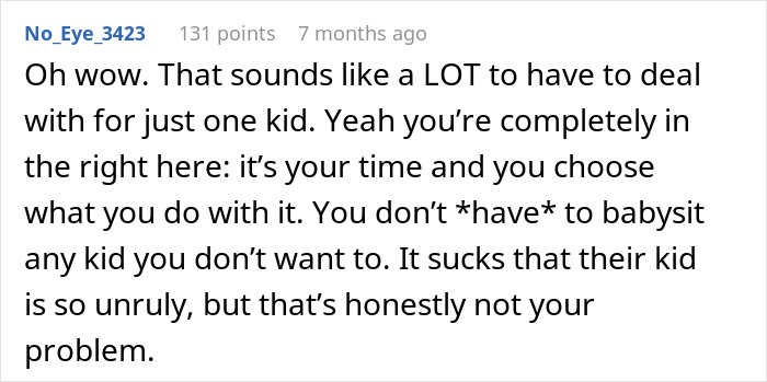 Comment text about a babysitter refusing to watch a specific child and facing accusations of discrimination.