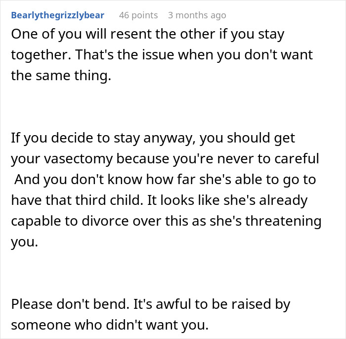 Reddit comment discussing a wife obsessed with having more kids and marriage challenges over a third child choice. Reddit comment discussing a wife obsessed with having more kids and marriage challenges over a third child choice.