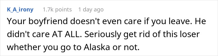 Comment text expressing advice about a woman moving to Alaska alone, urging her to leave her uncaring boyfriend.