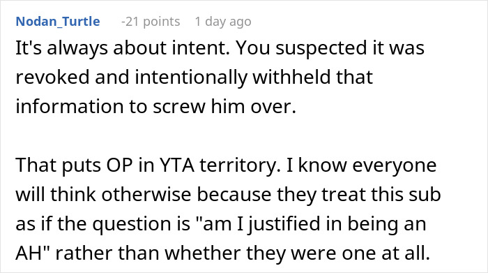 Screenshot of a Reddit comment discussing intent and revoking passport, related to woman and deadbeat ex stranded at airport.