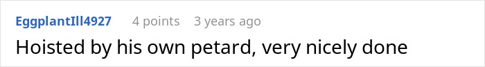 Screenshot of a comment saying hoisted by his own petard in an online discussion about employee compliance and company rules. Screenshot of a comment saying hoisted by his own petard in an online discussion about employee compliance and company rules.