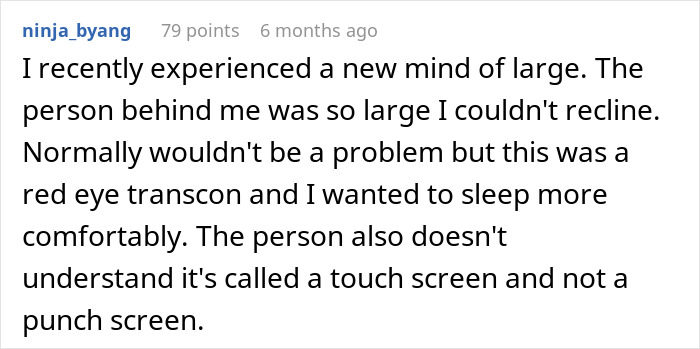 Comment about obese woman forcing passenger to raise armrest on flight, causing flight attendant to intervene.
