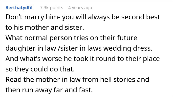 Comment about woman left baffled after her wedding dress was ruined by mother-in-law demanding to try it on.