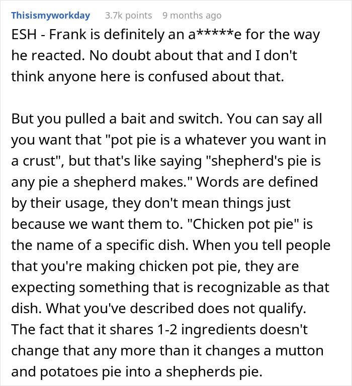Comment text discussing a brother-in-law walking out after host alters classic chicken pot pie at a family gathering.