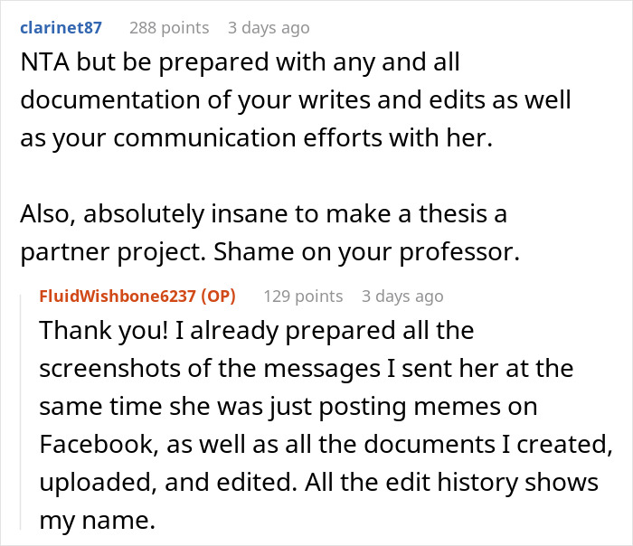 Screenshot of online discussion about a woman at risk of not graduating after failing to contribute to shared thesis.