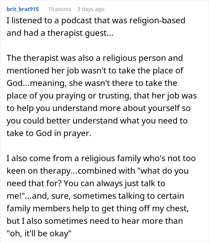 Comment discussing a Christian woman's disbelief in therapy and misunderstanding her niece's use of therapy for help.