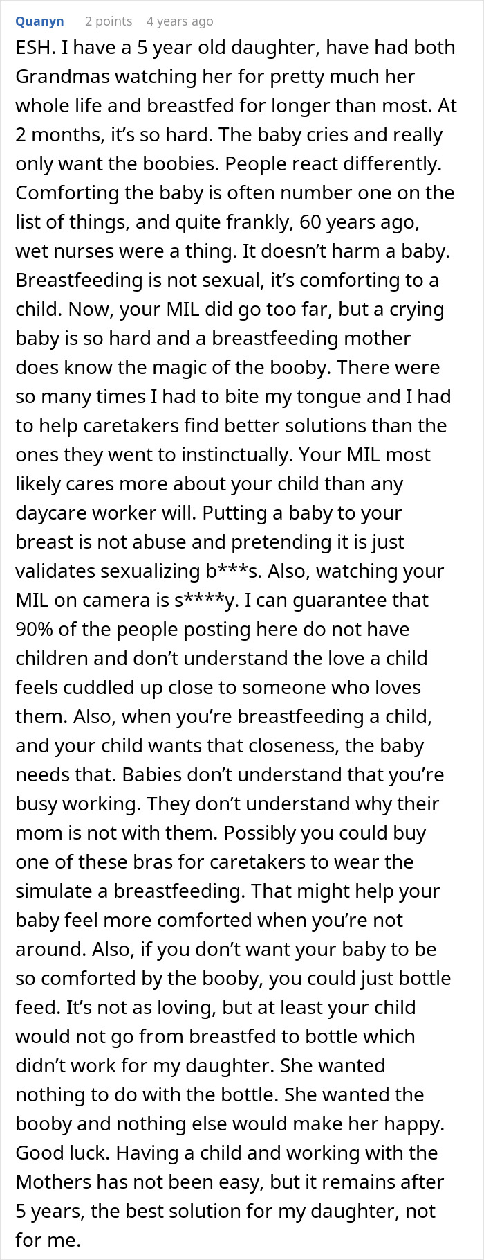 Comment discussing mother-in-law caught trying to breastfeed baby, highlighting challenges of breastfeeding and childcare.