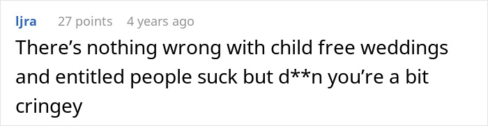 Screenshot of online comment discussing opinions on child-free weddings and reactions to a bride replacing kids with pets.
