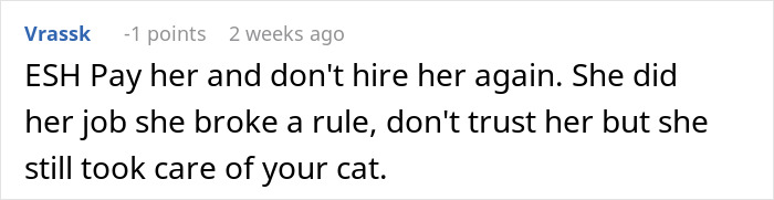 Comment discussing refusal to pay a cat-sitter, debating responsibility and trust in cat-sitting services.