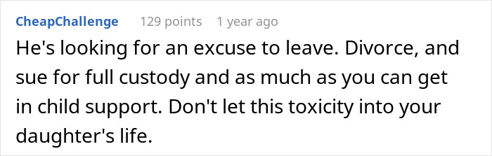 Screenshot of a Reddit comment discussing divorce and custody related to bonding issues with a cesarean baby daughter.