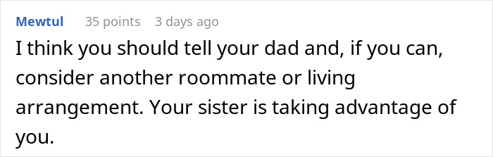 Screenshot of a comment advising a woman about her sister&rsquo;s friends drinking irreplaceable champagne and suggesting new living arrangements.