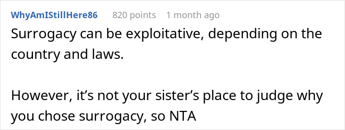 Reddit comment discussing surrogacy as potentially exploitative and addressing family judgment on surrogacy choices.