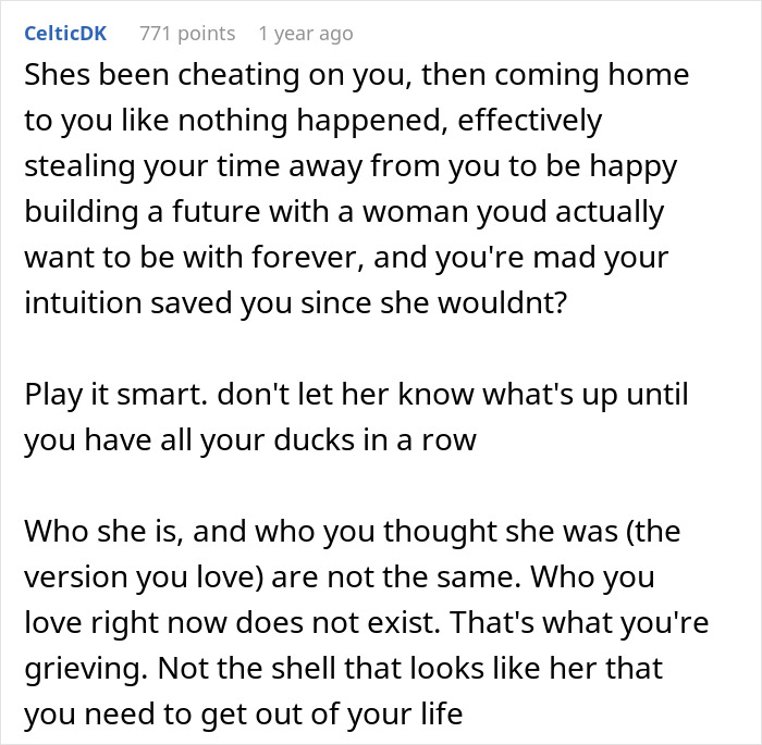 Screenshot of a comment discussing betrayal and intuition after a PI revealed truths about a partner's infidelity.