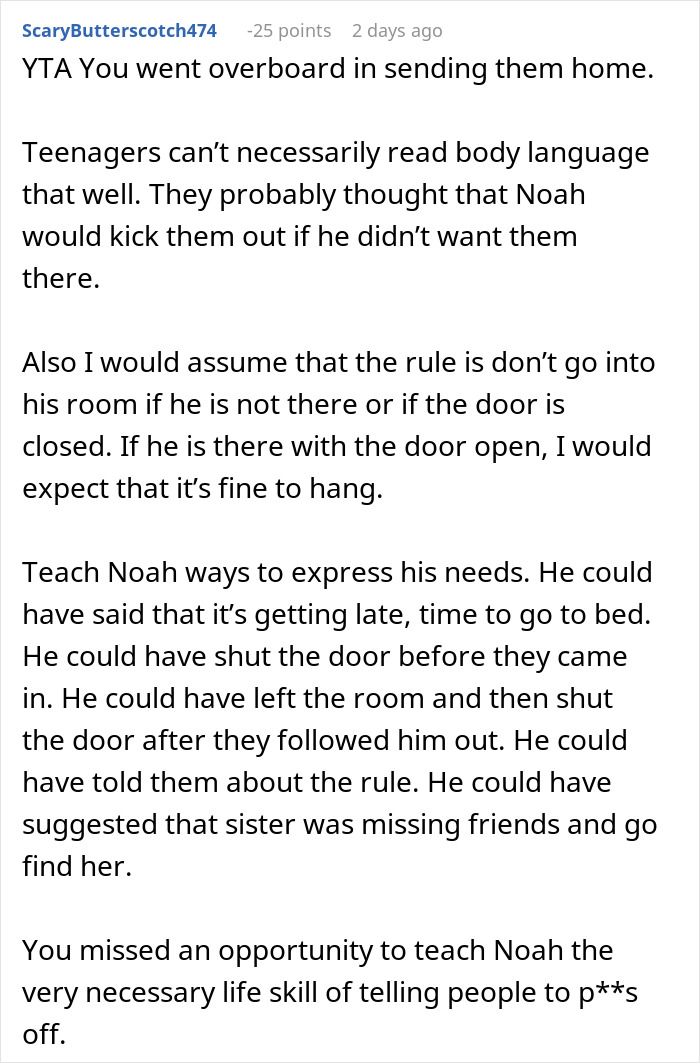 Reddit comment discussing enforcing basic boundaries during daughter's sleepover and communication challenges with teenagers. Reddit comment discussing enforcing basic boundaries during daughter's sleepover and communication challenges with teenagers.
