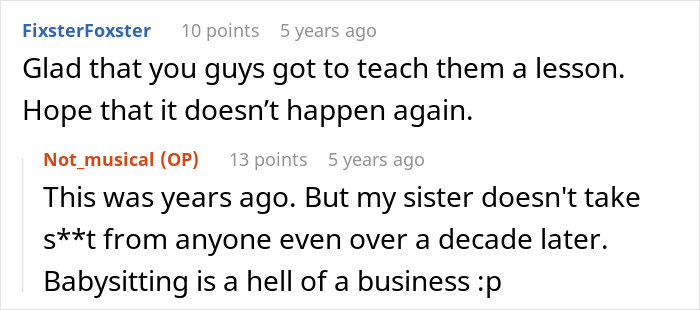 Screenshot of online discussion about religious couple not paying babysitter and family’s Bible-based revenge plan. Screenshot of online discussion about religious couple not paying babysitter and family’s Bible-based revenge plan.