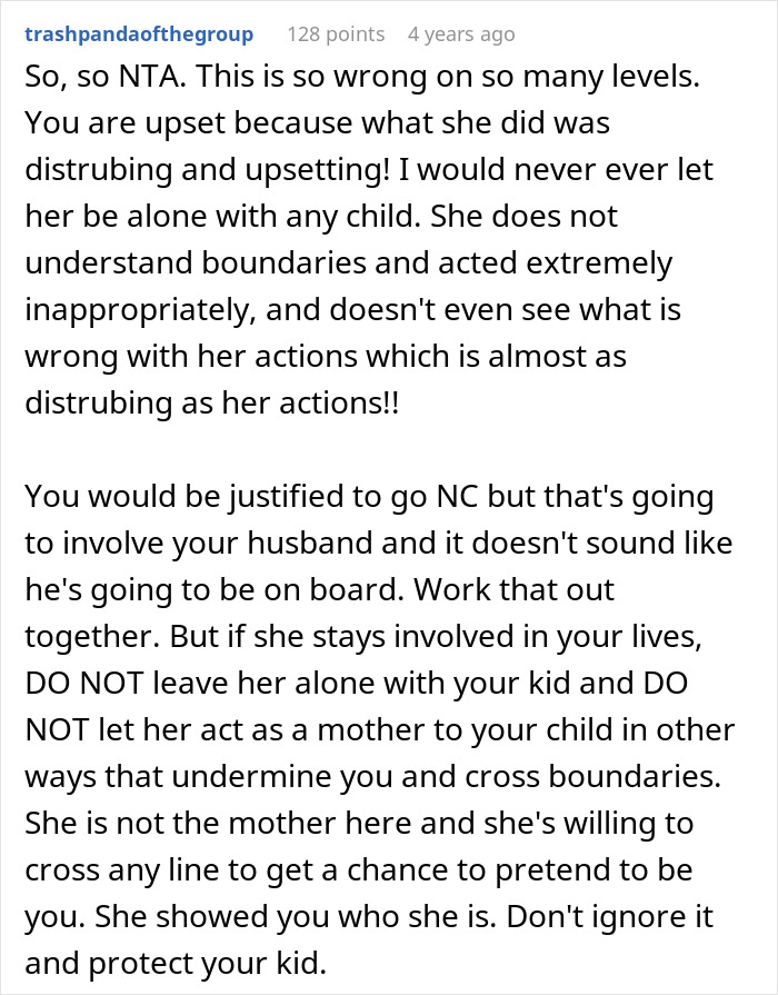 Comment discussing boundaries crossed by a mother-in-law trying to breastfeed baby, with mom furious and protective.