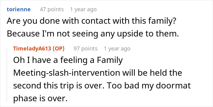 Screenshot of an online discussion about a pediatrician refusing to play nanny during a family getaway.