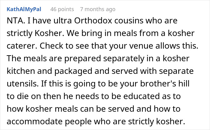 Comment explaining kosher meal preparation and accommodating strict kosher dietary needs for wedding meals discussion.