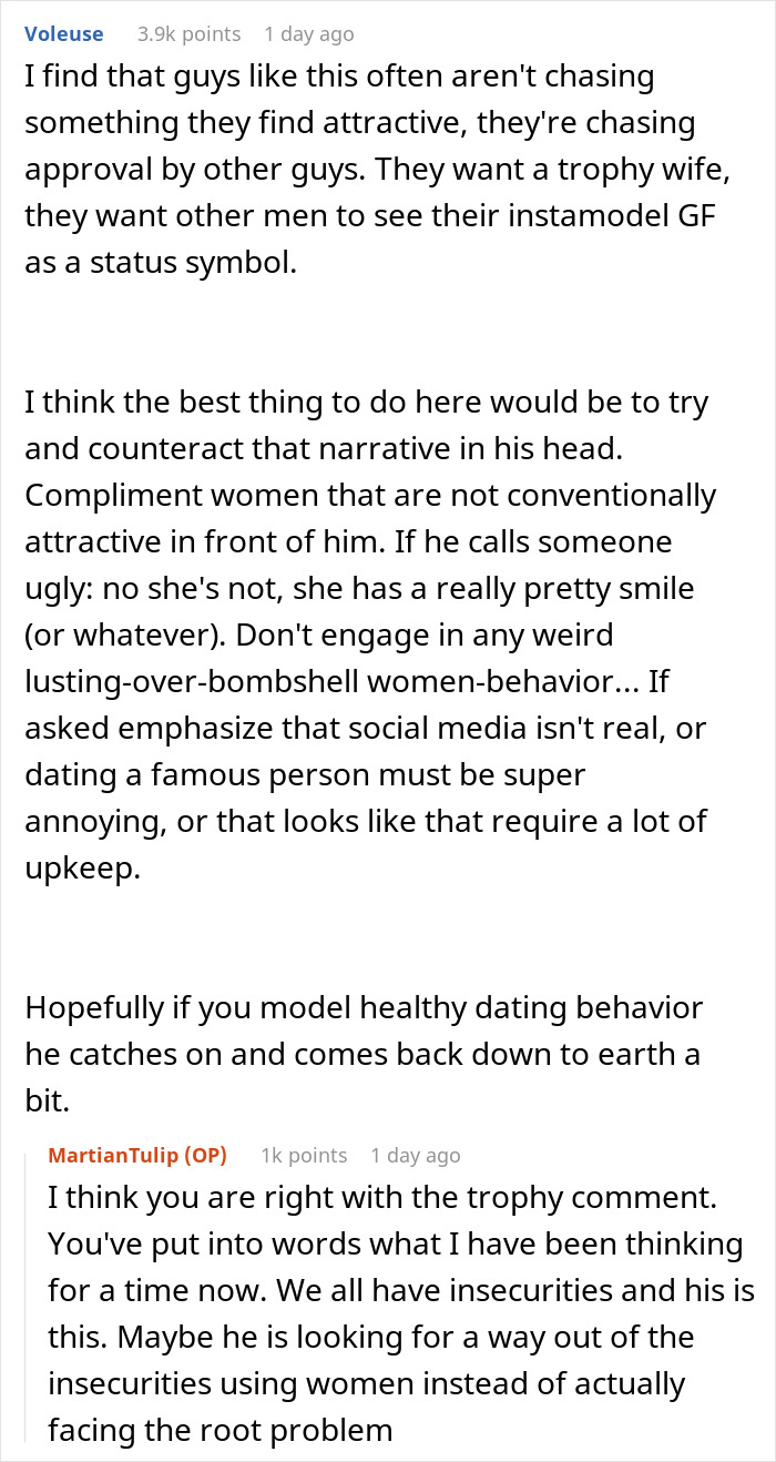 Reddit conversation discussing a man who only wants to date influencer-like women and a reality check from a friend. Reddit conversation discussing a man who only wants to date influencer-like women and a reality check from a friend.