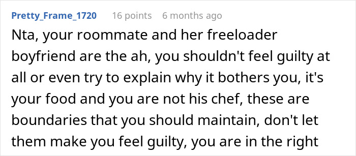 Screenshot of a Reddit comment discussing a roommate calling woman stingy for not sharing homemade meals. Screenshot of a Reddit comment discussing a roommate calling woman stingy for not sharing homemade meals.