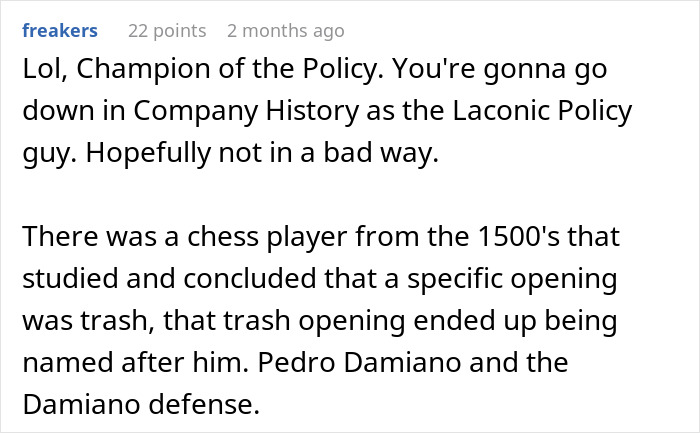 Screenshot of a user comment praising an employee who strictly follows an unworkable deployment rule, prompting policy rethink.