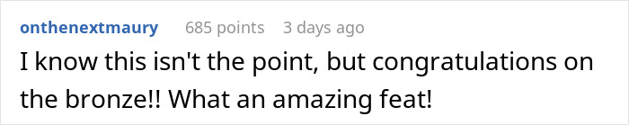 Comment on social media congratulating on winning bronze, expressing admiration for the amazing feat achieved.