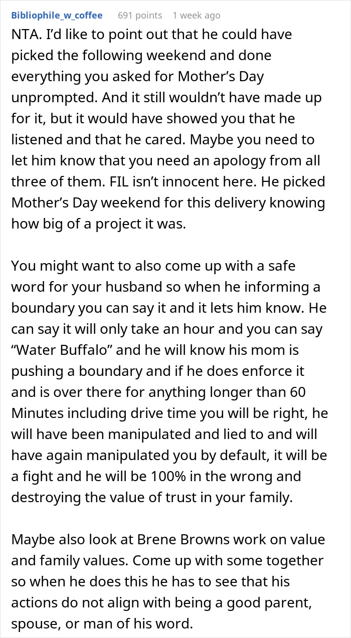 Text discussing a man skipping his wife&rsquo;s first Mother&rsquo;s Day to spend time with his mom and family boundaries advice.