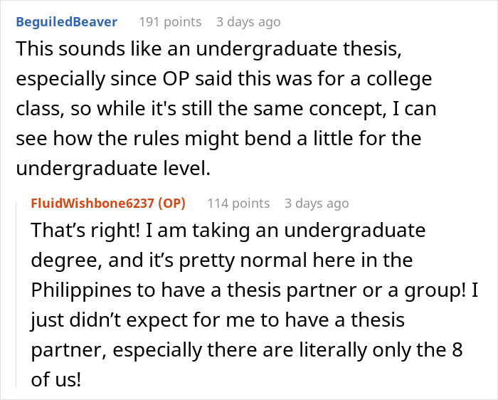 Screenshot of an online discussion about a woman at risk of not graduating after failing to contribute to a shared thesis.