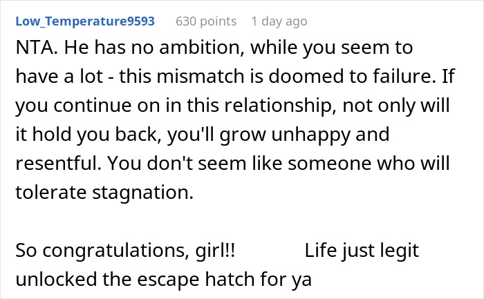 Comment highlighting a woman's ambition to move to Alaska alone for a fresh start and personal growth.