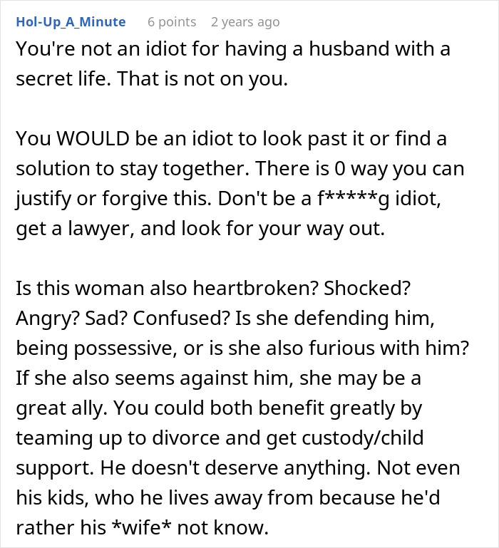 Comment advising a wife to get a lawyer after discovering her husband&rsquo;s secret second family revealed by phone.