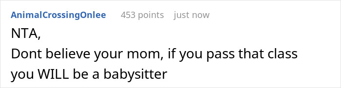 Screenshot of an online comment discussing fears of being set up to babysit an autistic stepbrother and refusing related classes. Screenshot of an online comment discussing fears of being set up to babysit an autistic stepbrother and refusing related classes.