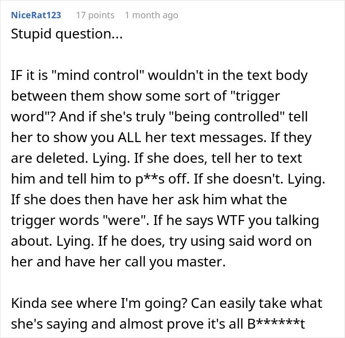 Comment discussing skepticism about mind control excuse in a wife cheating on husband scenario on an online forum.
