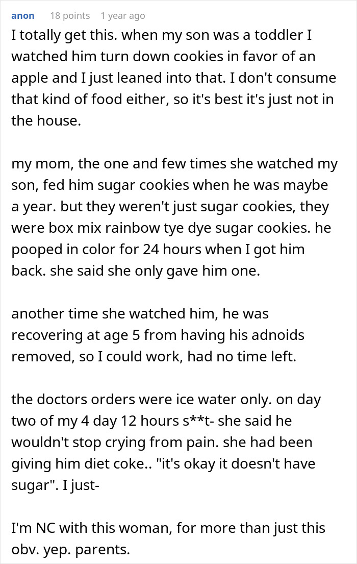 Text of a parent sharing frustration about boomer relatives undermining kids' healthy habits by giving candies and soda despite doctors' orders.
