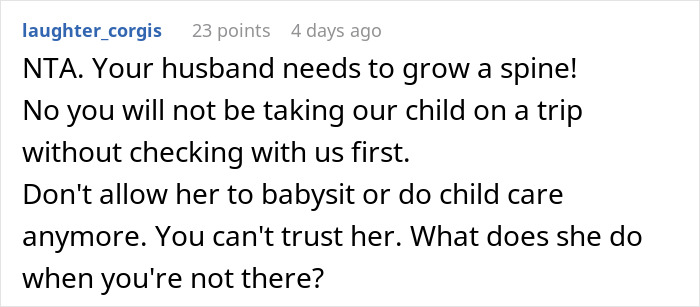 Comment about trust and childcare concerns in a mil daughter surprise vacation discussion thread.