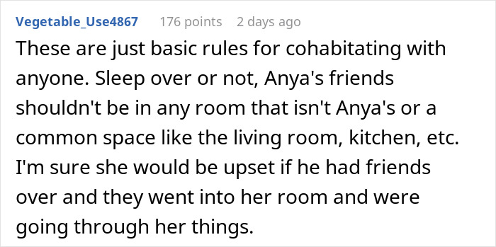 Screenshot of a Reddit comment discussing enforcing basic boundaries during a daughter's sleepover to ensure privacy. Screenshot of a Reddit comment discussing enforcing basic boundaries during a daughter's sleepover to ensure privacy.