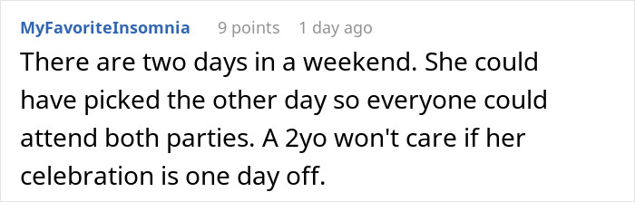 Comment discussing attending both kids' parties without canceling, focusing on friend wanting to cancel kid&rsquo;s party.