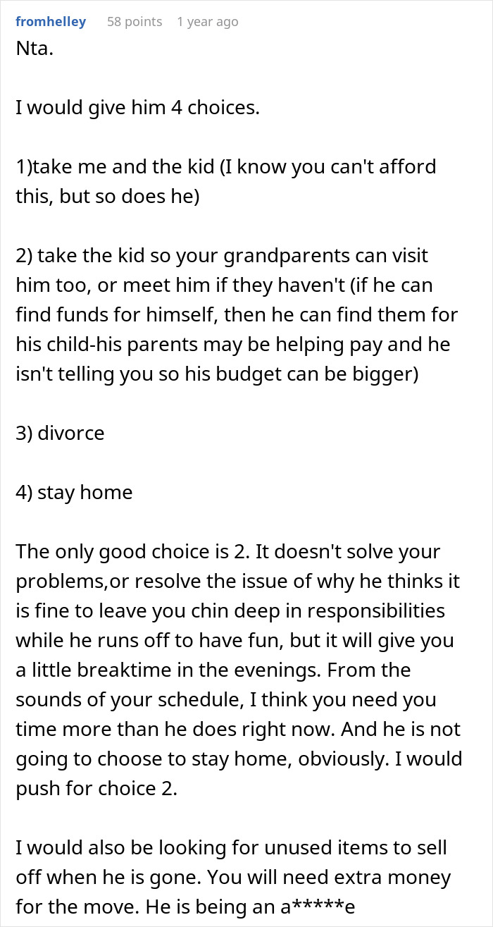 Comment text discussing a married couple moving houses, focusing on the husband leaving responsibilities to the wife while he travels.